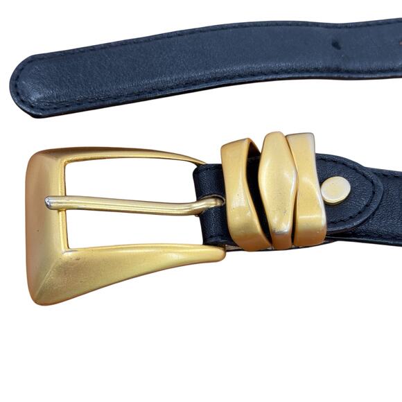 Americana by Sharif Gold Black Leather Belt M Womens Modern Luxe Chic Geometric - Picture 9 of 14